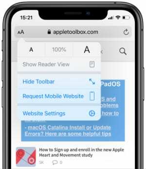 โหลดเว็บไซต์ AppleToolBox ใน Safari บน iPhone ด้วยการตั้งค่าเว็บไซต์