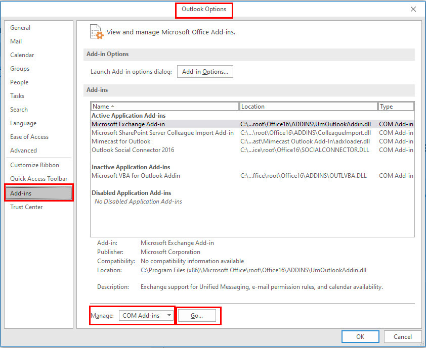 Nonaktifkan Add-in Outlook Dari Opsi Kelola