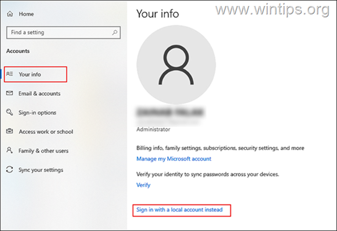 Log ind på Windows 10 med en lokal konto i stedet for en Microsoft-konto.
