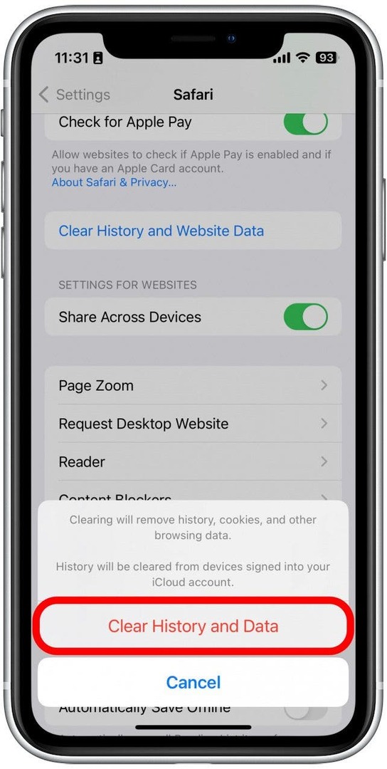 Натисніть «Очистити історію та дані», щоб підтвердити.