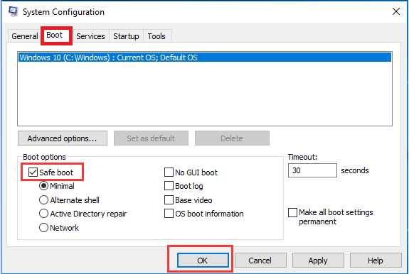 Zaškrtněte možnost Safe Boot Option z Konfigurace systému