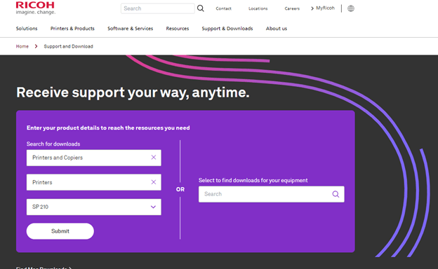 wyszukaj sterownik Ricoh SP 210 na oficjalnej stronie internetowej