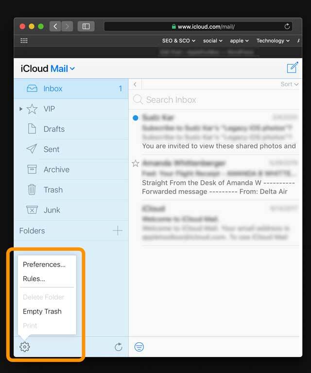 Az iCloud.com webhely verziója A Mail alkalmazás beállításai
