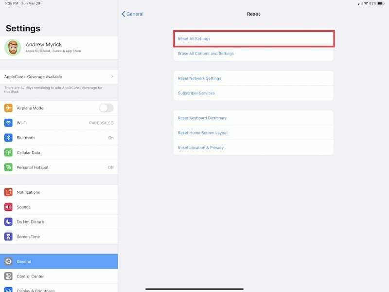 सभी सेटिंग्स रीसेट करें iPad Pro 2