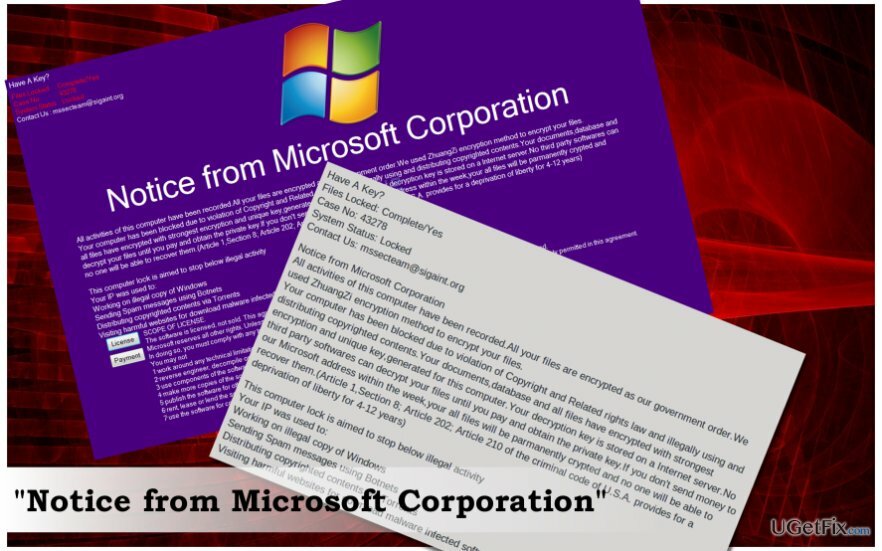 ภาพหน้าจอ " ประกาศจาก Microsoft Corporation"