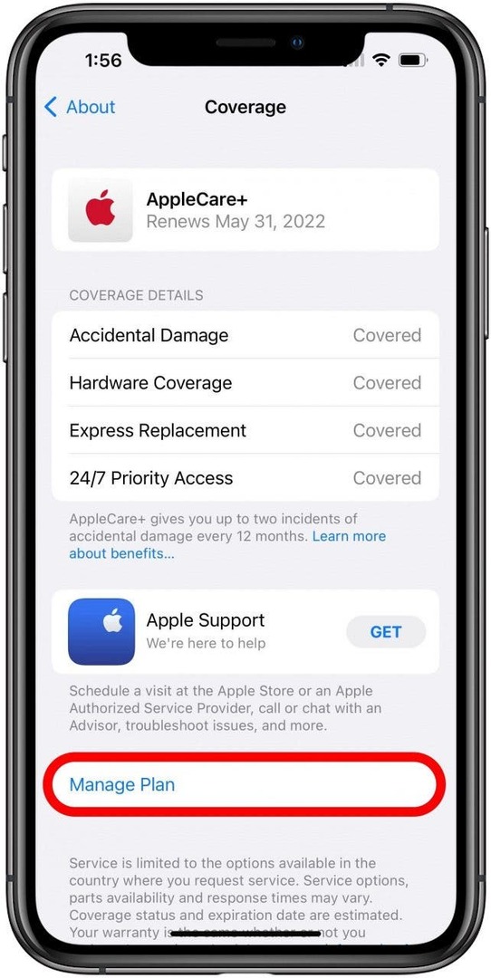 Tela AppleCare+ Coverage com Manage Plan marcado.