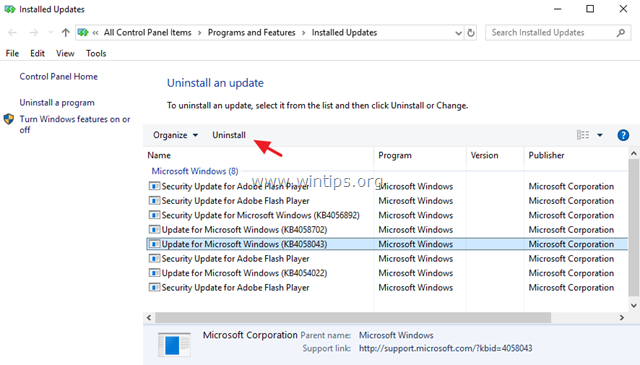 odstranite posodobitev za Windows 10