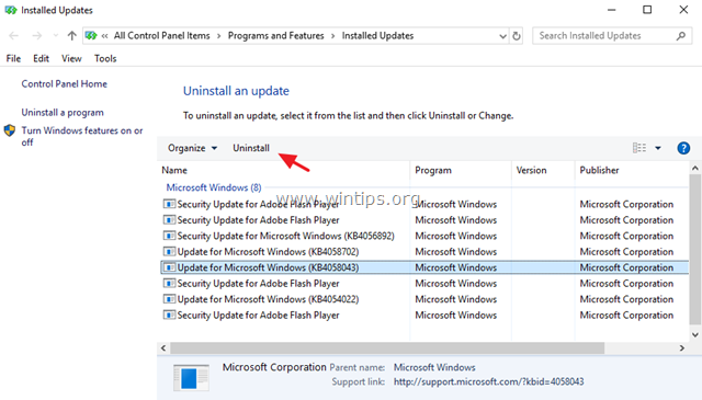 hapus instalan pembaruan windows 10