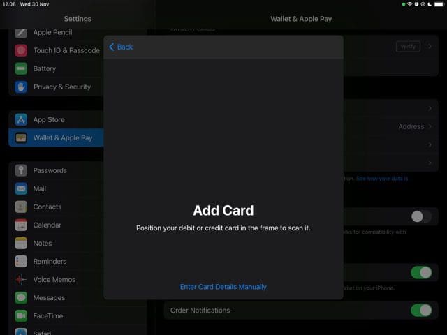 სკრინშოტი აჩვენებს ბარათის დამატების ვარიანტებს Apple Pay-ზე ipad-ზე