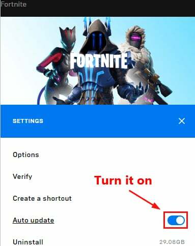 Įjunkite automatinį naujinimą „Fortnite“ nustatymuose