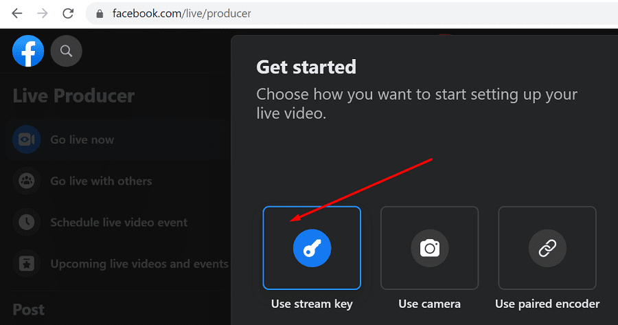 Facebook-Live-Produzent verwendet Stream-Schlüssel