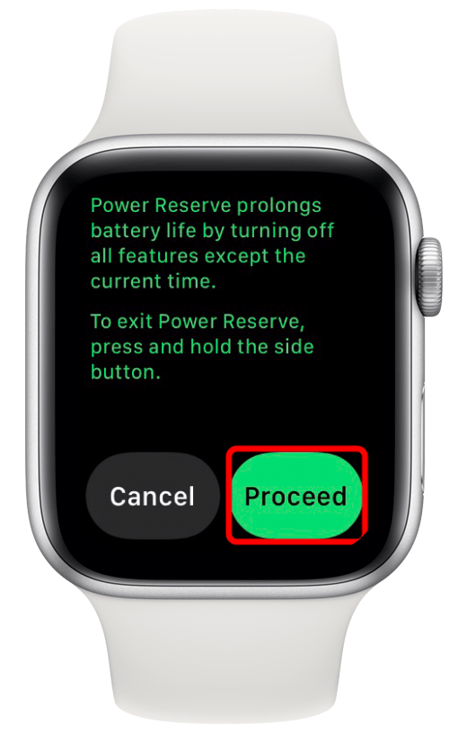 Bakstelėkite tęsti, kad įjungtumėte „Apple Watch“ galios rezervą