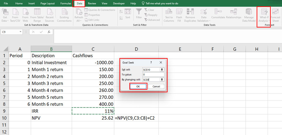 Suorita tavoitehaku laskeaksesi IRR Excelissä