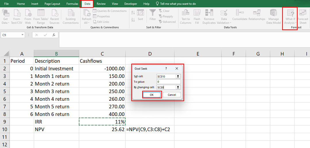 Veiciet Goal Seek, lai aprēķinātu IRR programmā Excel