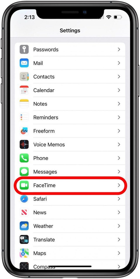 toque em facetime nas configurações