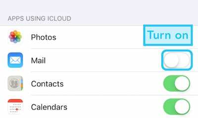 Captura de pantalla del botón Correo en la configuración de iCloud en iOS