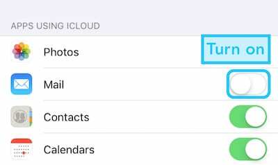 Skjermbilde av Mail-knappen i iCloud-innstillingene på iOS