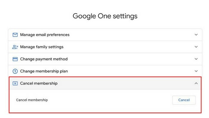 Google One İptal düğmesi