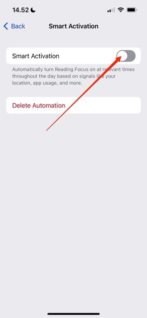 Skärmbild som visar växlingsknappen på Smart Actvation på iOS