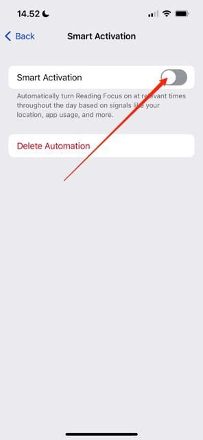 Posnetek zaslona, ​​ki prikazuje preklopni gumb na Smart Acvation v sistemu iOS