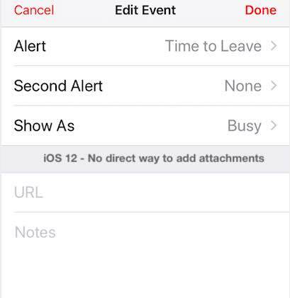 iOS 12 캘린더 앱의 메모를 통한 첨부 파일