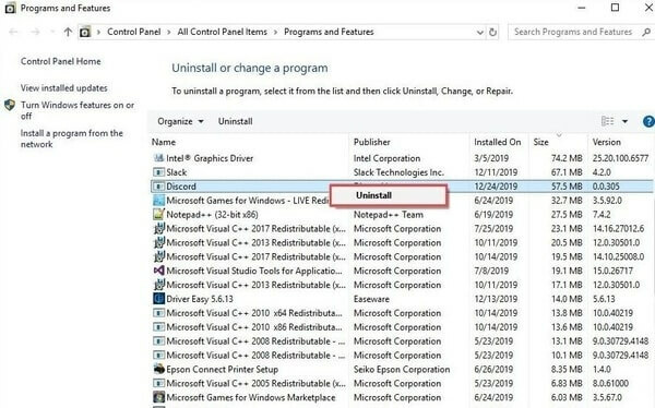 აირჩიეთ Uninstall Discord Application