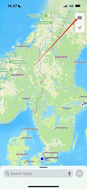 Captura de pantalla que muestra el ícono del mapa en Maps para iPhone