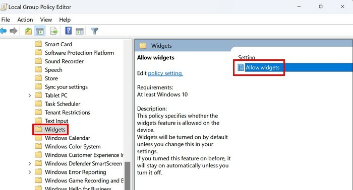 Tillad widgets mulighed i Group Policy Editor