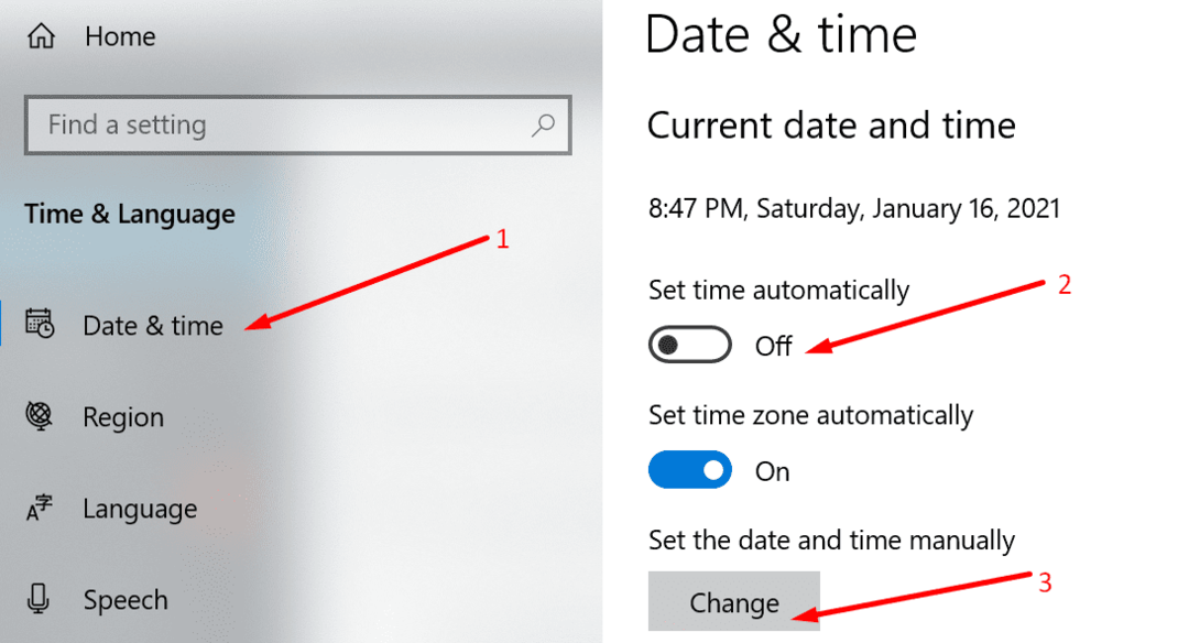 manuāli iestatīt datumu un laiku operētājsistēmā Windows 10