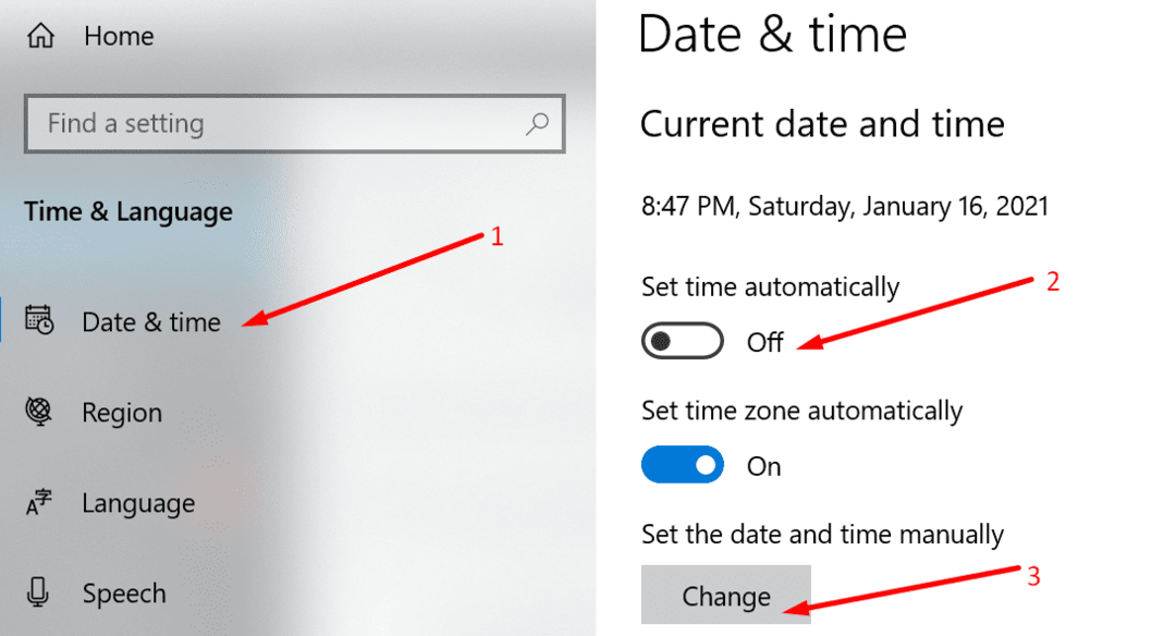मैन्युअल रूप से दिनांक समय निर्धारित करें विंडोज़ 10