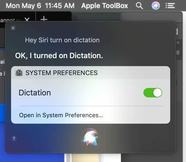 اطلب من Siri تشغيل الإملاء على Mac