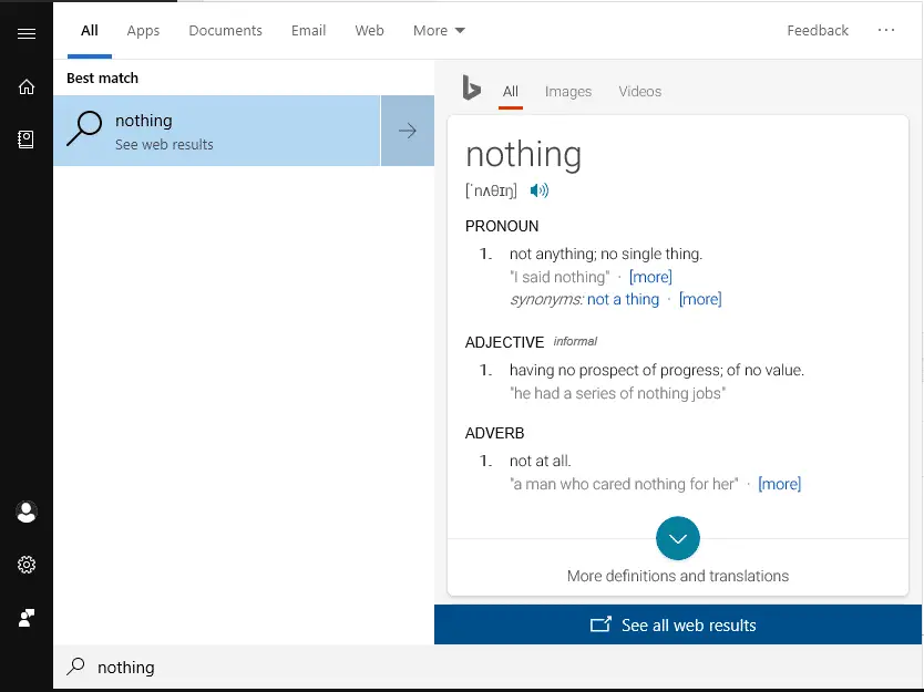 Windows 10 Start (Cortana) Hakutulokset Tyhjä ja valkoinen näyttö