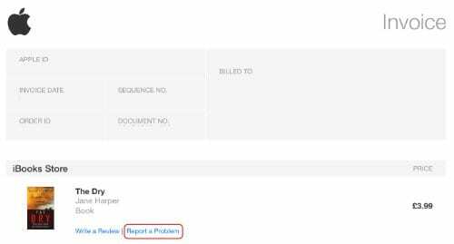 समस्या की रिपोर्ट करें बटन को हाइलाइट करने वाले iTunes Store इनवॉइस का स्क्रीनशॉट
