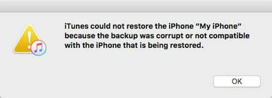 iTunes не удалось восстановить iPhone, потому что резервная копия была повреждена или несовместима.