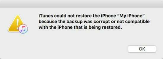 иТунес није могао да врати иПхоне јер је резервна копија оштећена или није компатибилна.