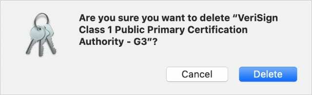 Keychain Access'ten VeriSign sertifika uyarısını silmek istediğinizden emin misiniz?