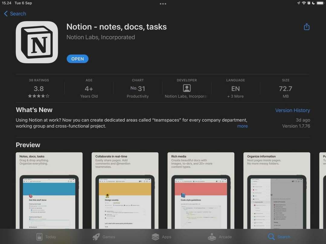 „iPad App Store“ esančios programos „Notion“ ekrano kopija