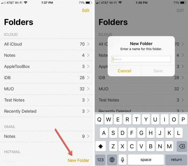 नए नोट्स फ़ोल्डर iPhone