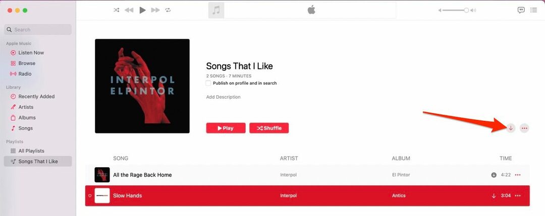 Snímek obrazovky zobrazující tlačítko se šipkou dolů ke stažení seznamu skladeb Apple Music na Mac