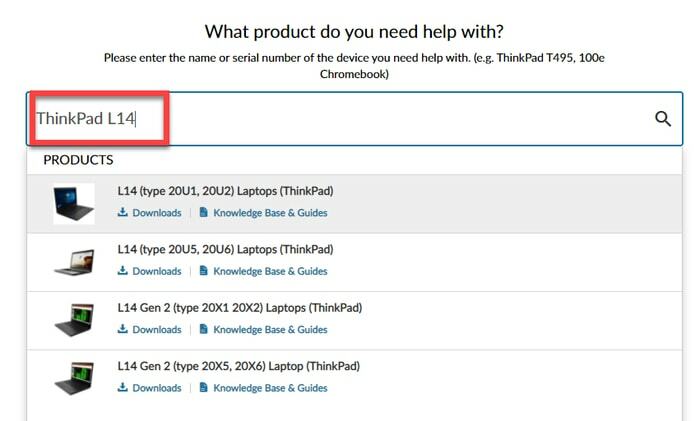 Įveskite ir pasirinkite Lenovo ThinkPad L14 Model