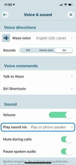 Tocar som por meio da opção de alto-falante do telefone nas configurações do Waze