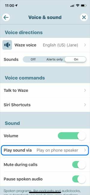 Atskaņot skaņu, izmantojot tālruņa skaļruni, Waze iestatījumos