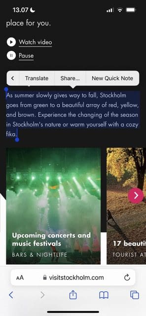 Captura de pantalla que muestra cómo resaltar y traducir texto en Safari