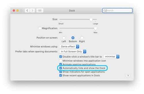 Skärmdump av Dock System Preferences som markerar alternativet att dölja Dock