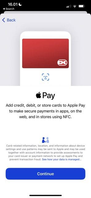 Apple Pay に銀行カードを追加する方法を示すスクリーンショット