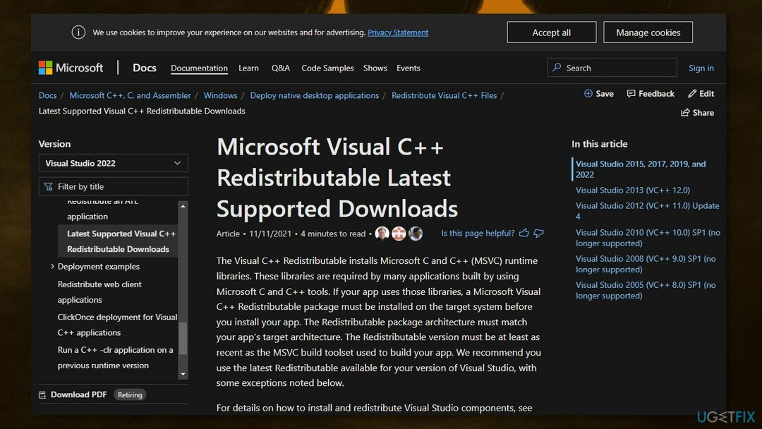 Обновление распространяемых компонентов Microsoft Visual C ++