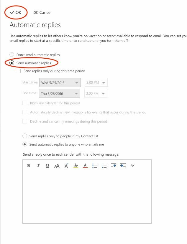 Sådan konfigureres e-mail-besked fra automatisk svar uden for kontoret til Outlook