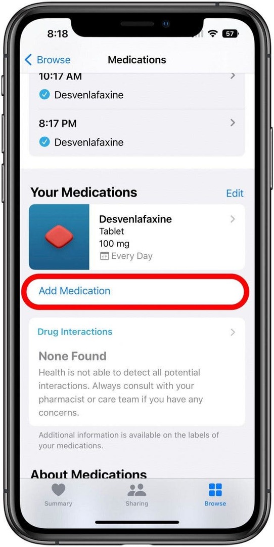 Sveikatos programa vaistų ekrane su pažymėta parinktimi Pridėti vaistus.