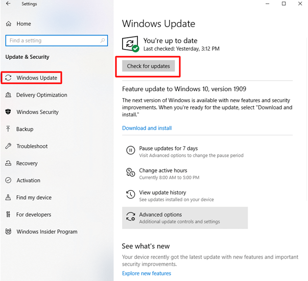 לחץ על אפשרות Windows Update ולאחר מכן לחץ על האפשרות בדוק אם יש עדכונים
