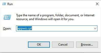 Введіть appwiz.cpl в поле Run Utility Box